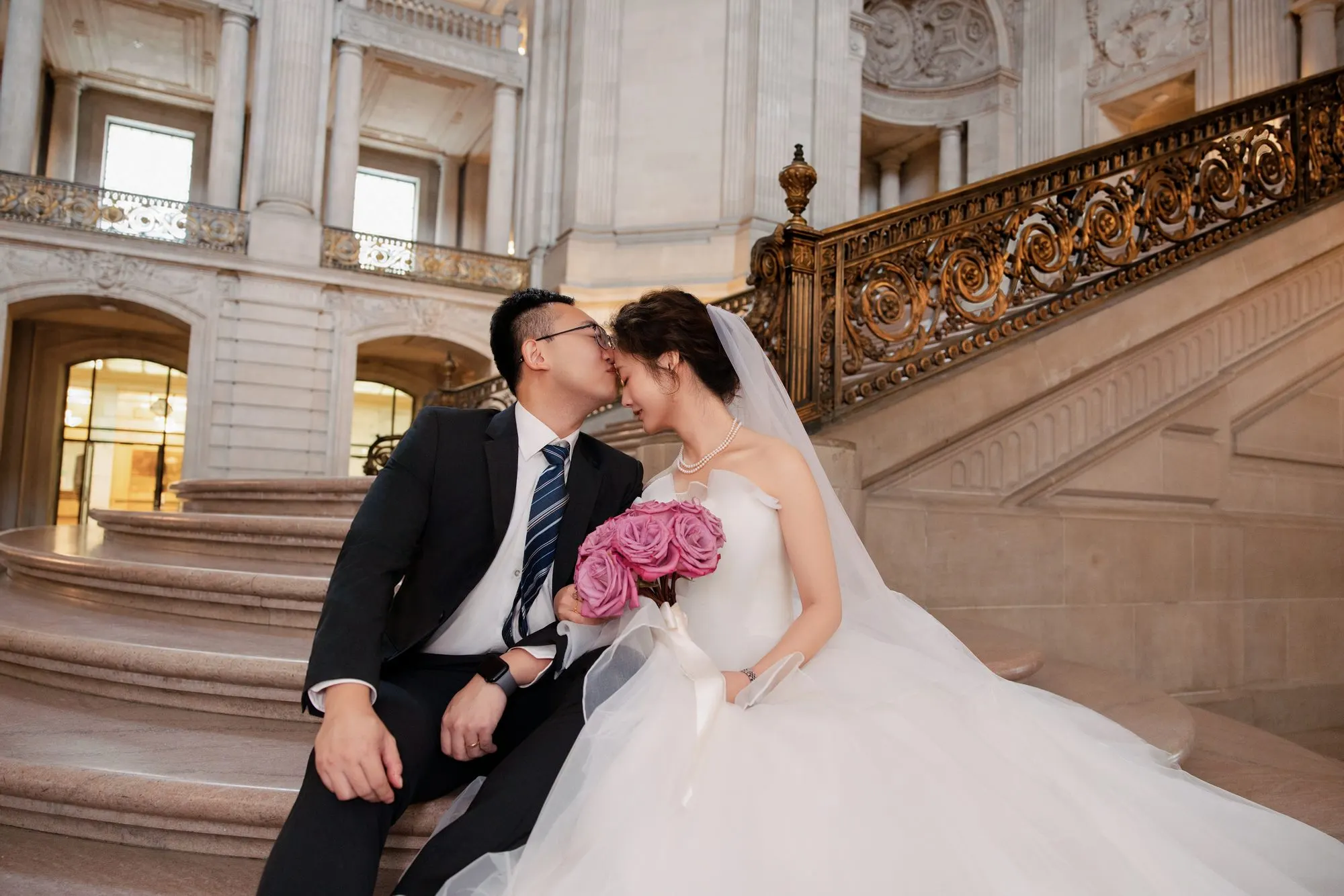 City Hall wedding with a ball gown and pink roses, frame 4 of 24