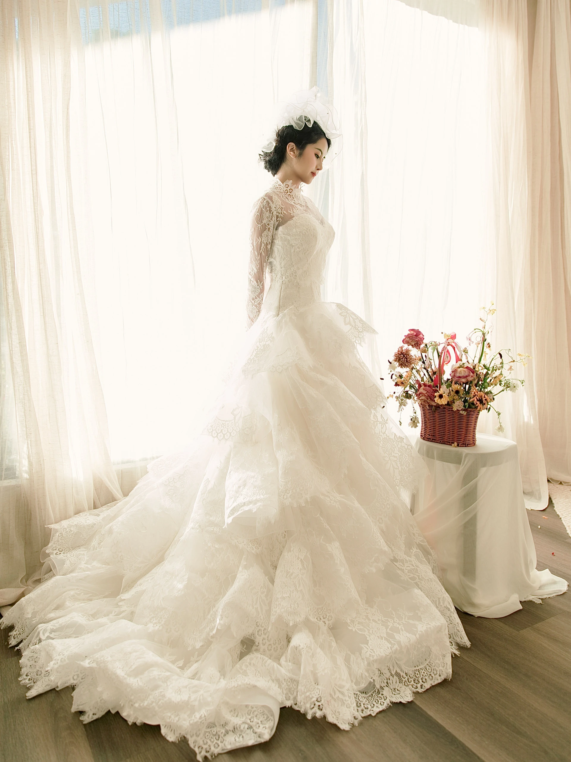 Vintage bridal portrait in a lace gown