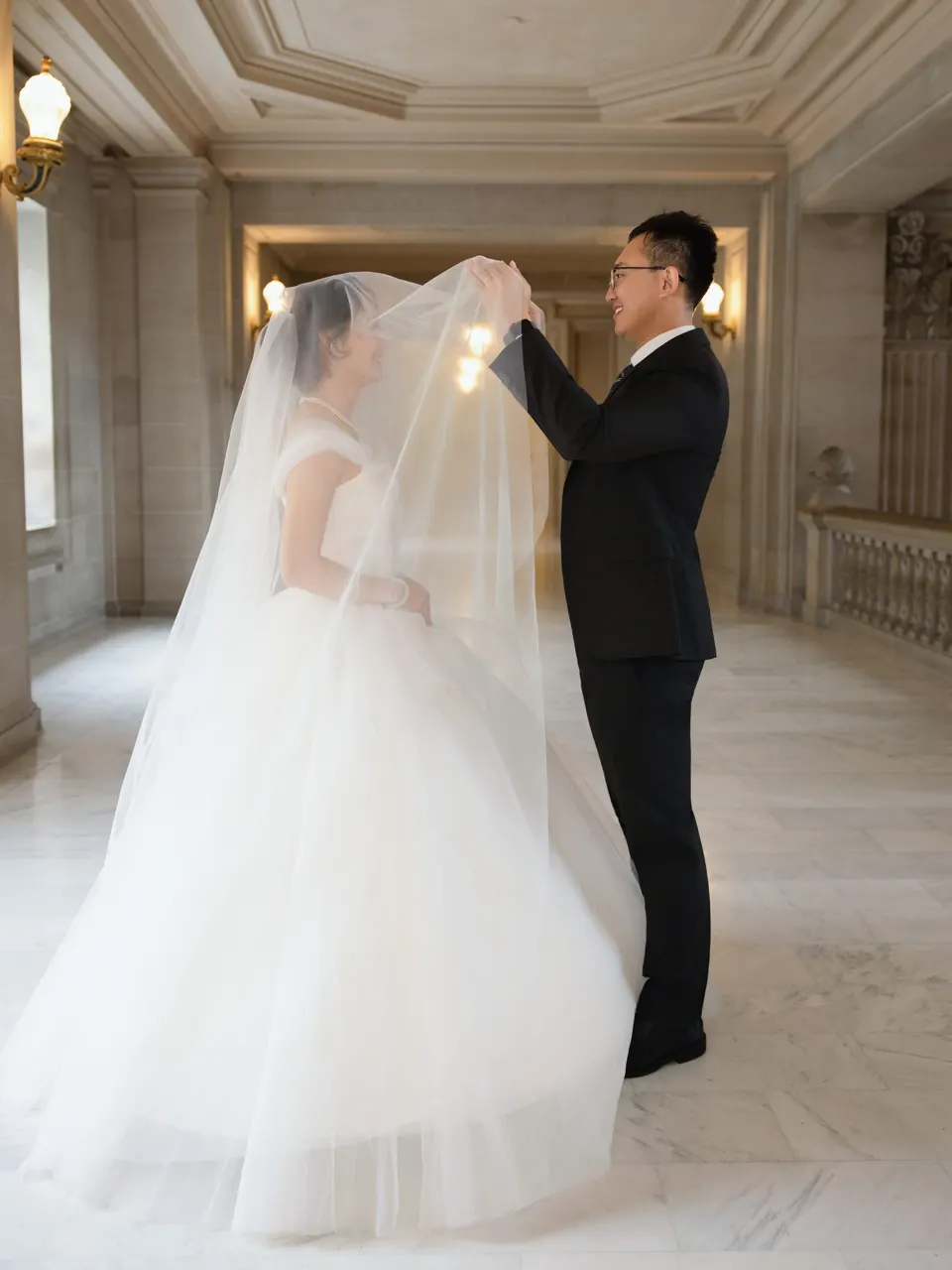 City Hall wedding with a ball gown and pink roses, frame 15 of 24