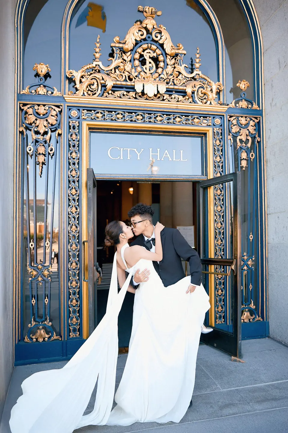 Bride in a bow-front gown at City Hall
