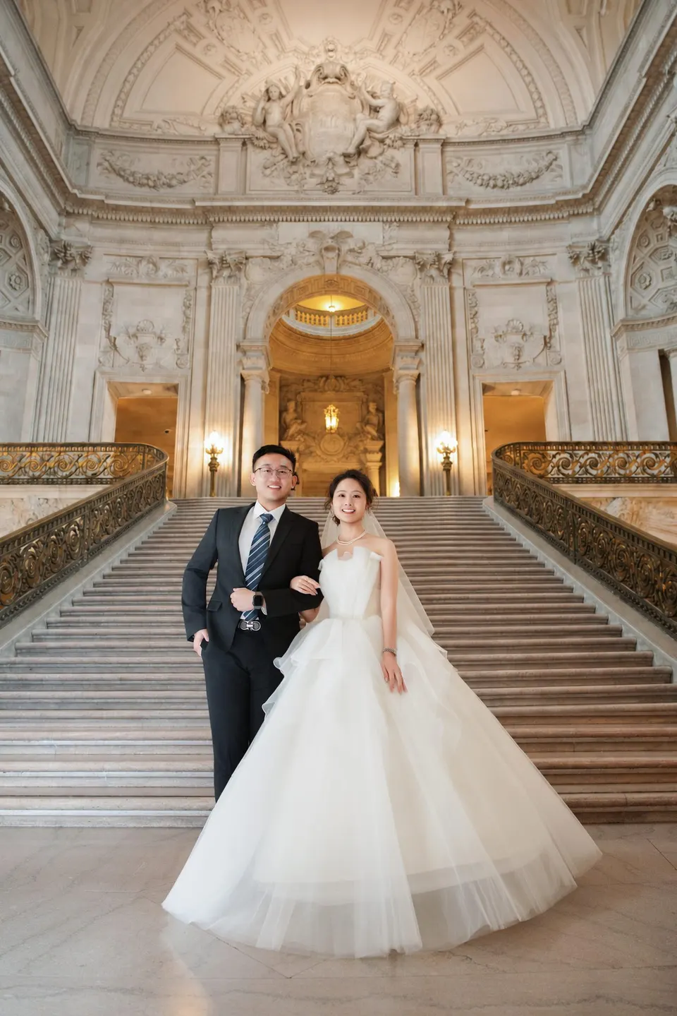 City Hall wedding with a ball gown and pink roses