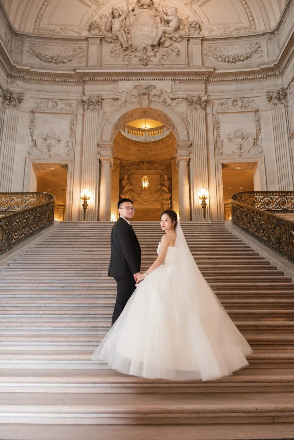 City Hall wedding with a ball gown and pink roses, frame 5 of 24