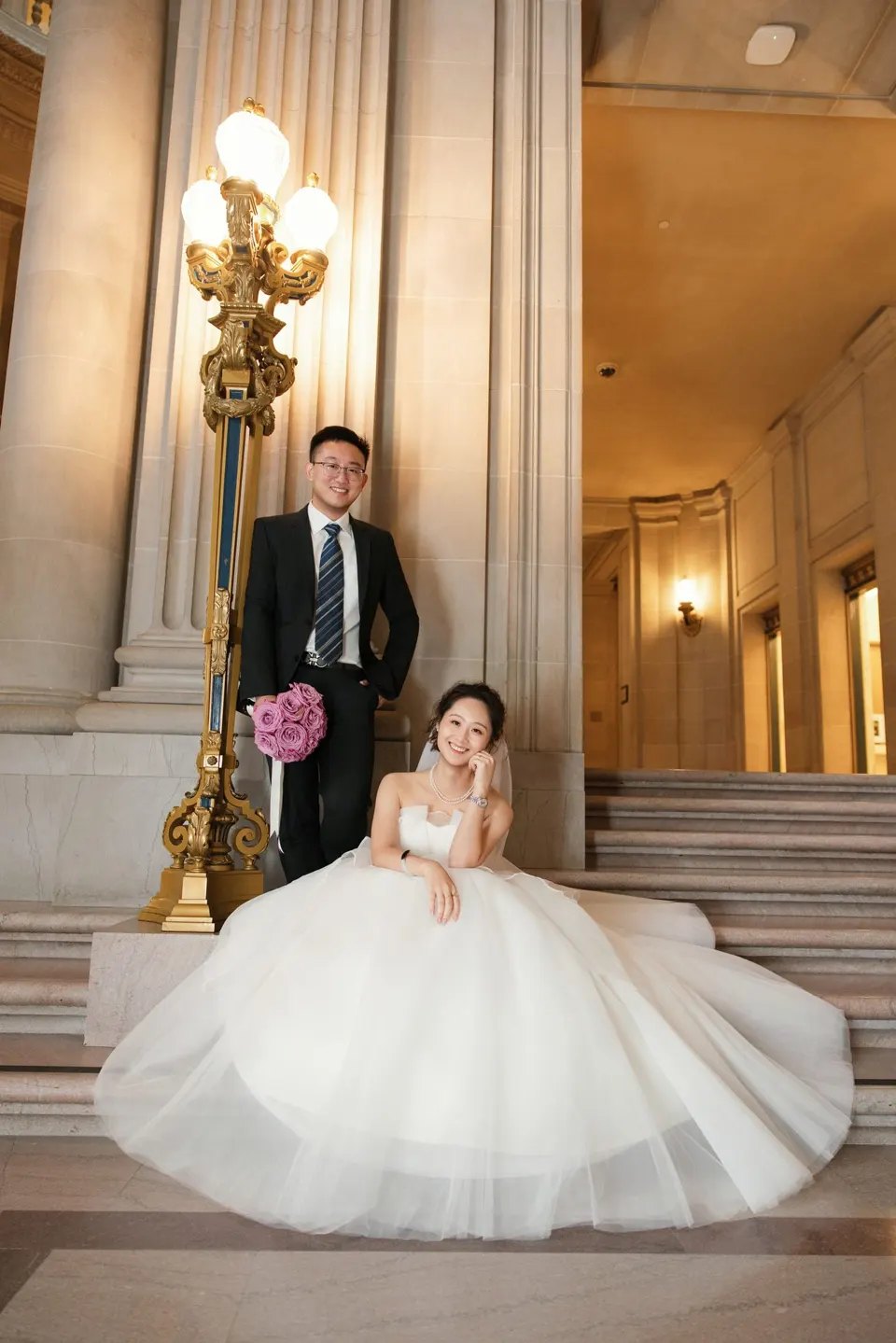 City Hall wedding with a ball gown and pink roses, frame 9 of 24